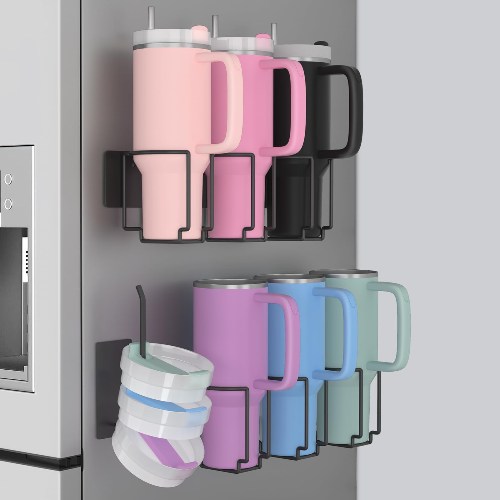 Terficer magnetic water bottle organizer holds Stanley 40oz tumblers on the fridge