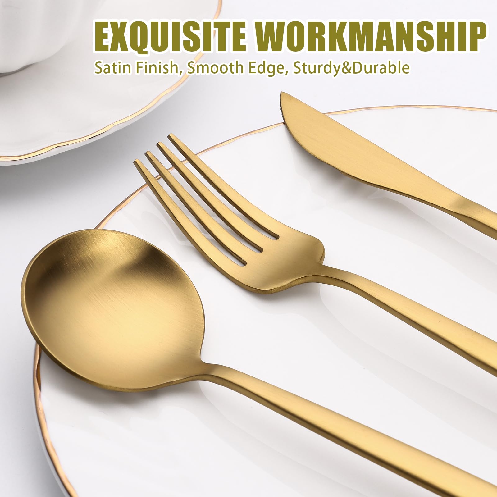 Terlulu dinner knives in gold satin finish provide balanced weight for easy dining.
