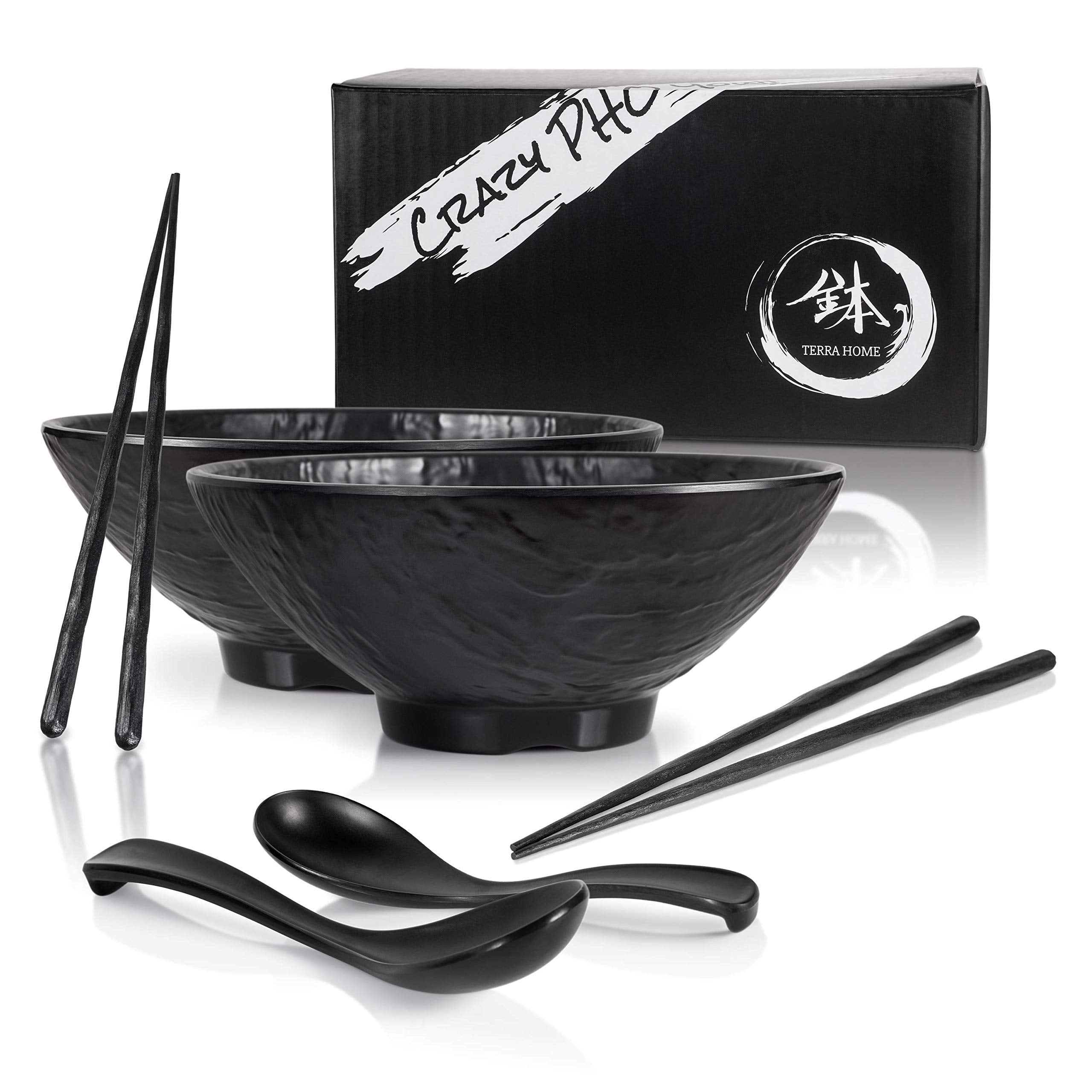Terra Home ramen bowl set in matte black for elegant serving and large portions.