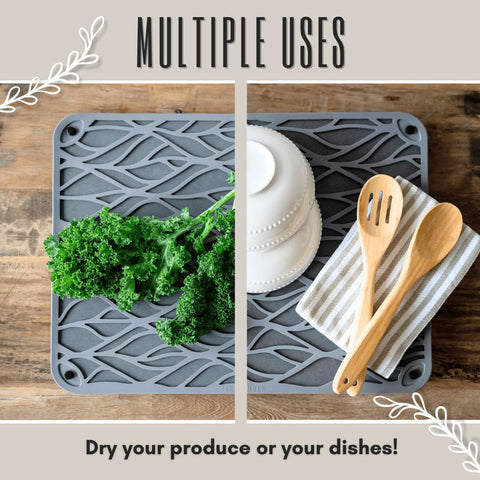 Neutral-colored Terra + Timber stone drying mat complements any kitchen.