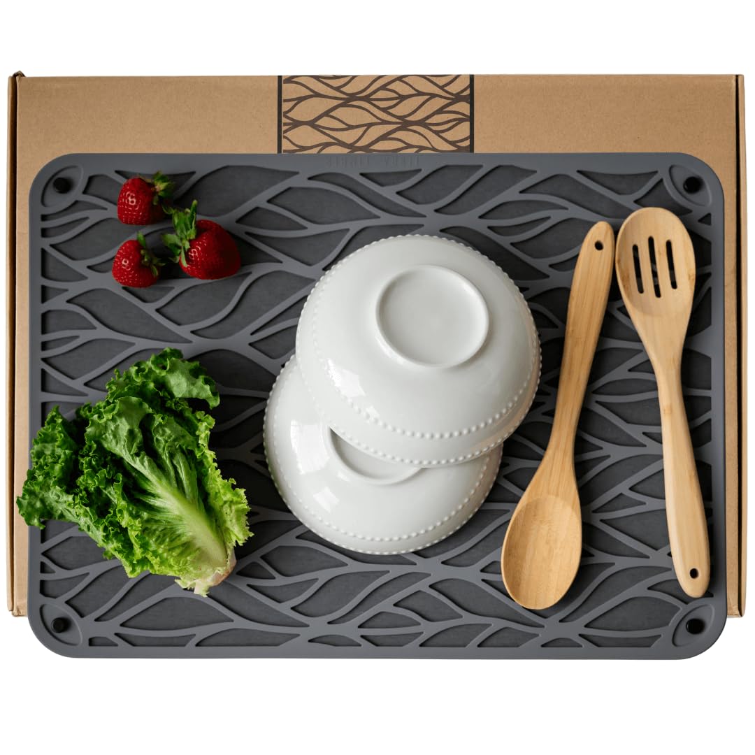 Terra + Timber stone drying mat with silicone topper for stylish, non-slip drying.