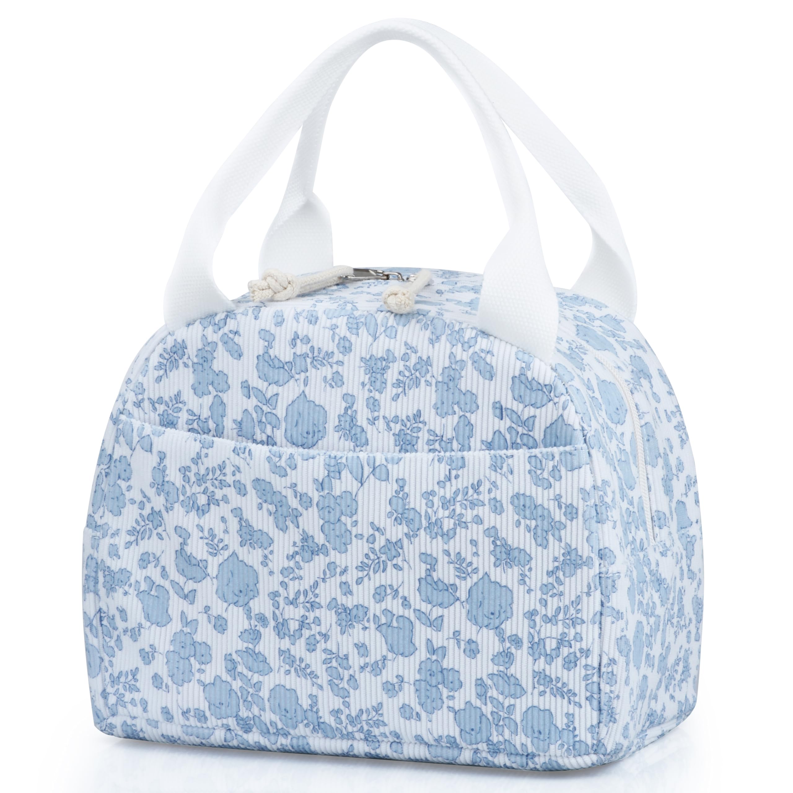TESAFNG lunch bag corduroy blue-flower exterior with front pocket for essentials.