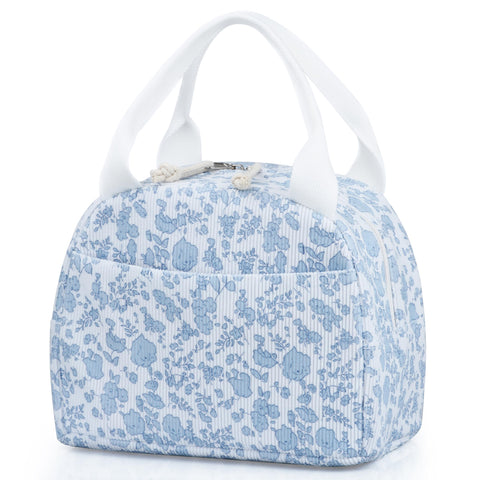 TESAFNG lunch bag corduroy blue-flower exterior with front pocket for essentials.