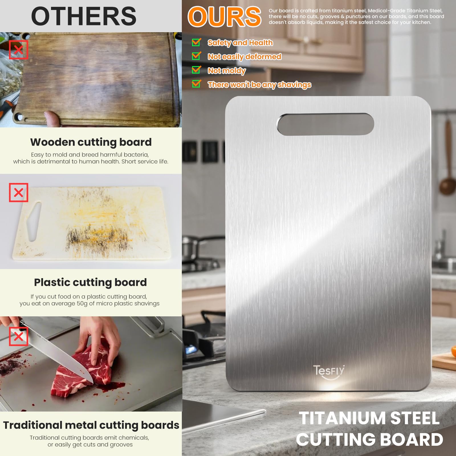 TESFLY 2-pack titanium cutting board for two prep stations in kitchen.