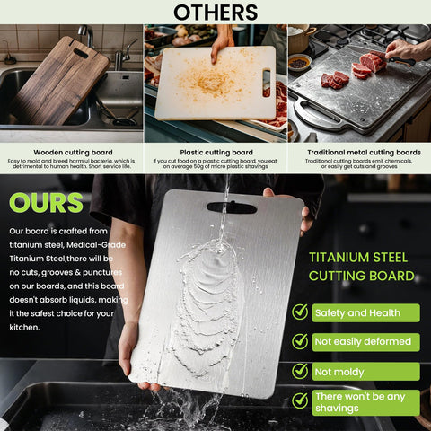 TESFLY Titanium Cutting Board double-sided in use for separate protein and produce prep