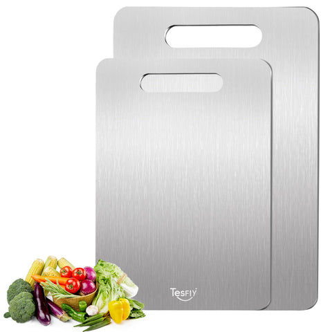 TESFLY titanium cutting board double-sided for versatile prep and storage.