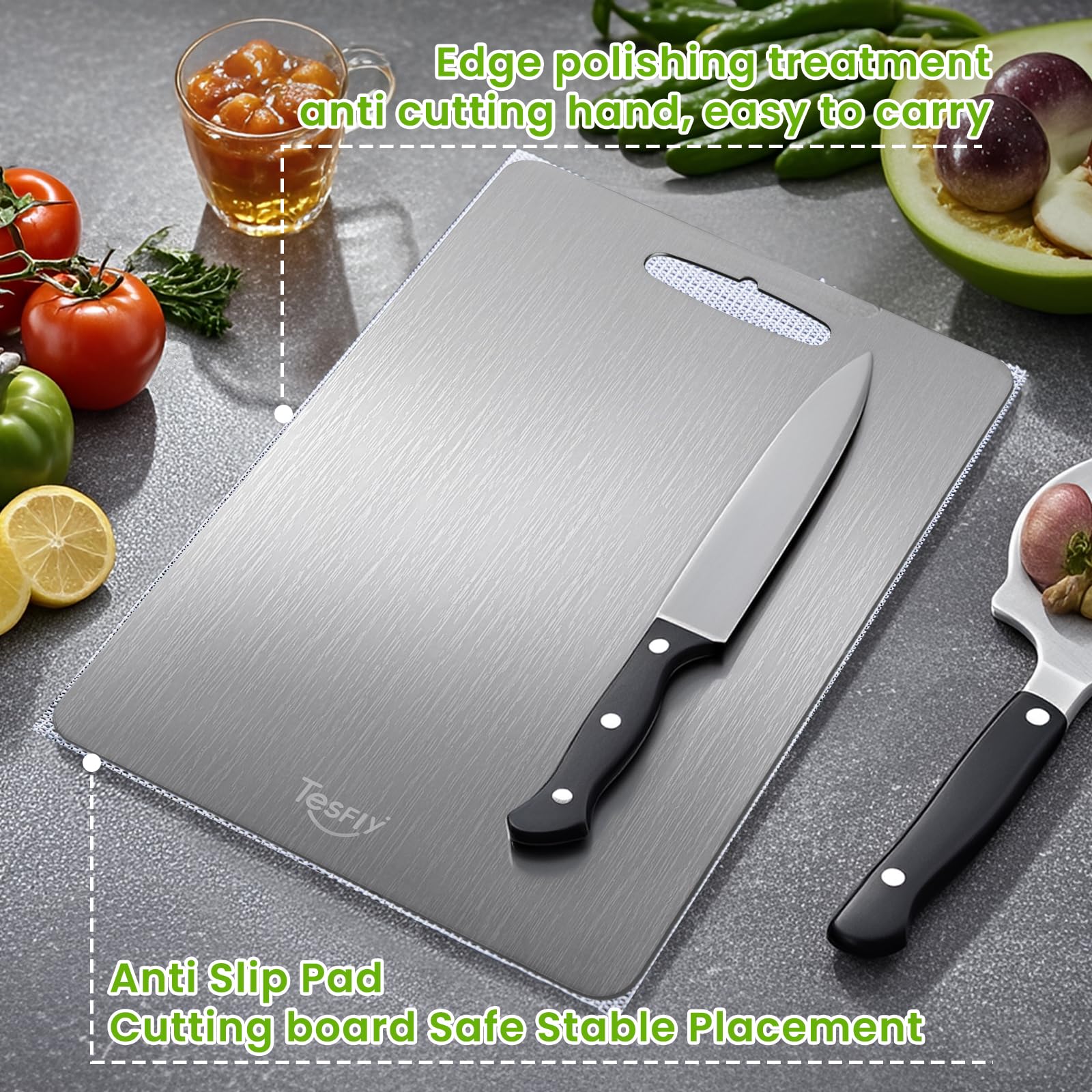 TESFLY Titanium Cutting Board knife-friendly surface protecting blade edges during prep