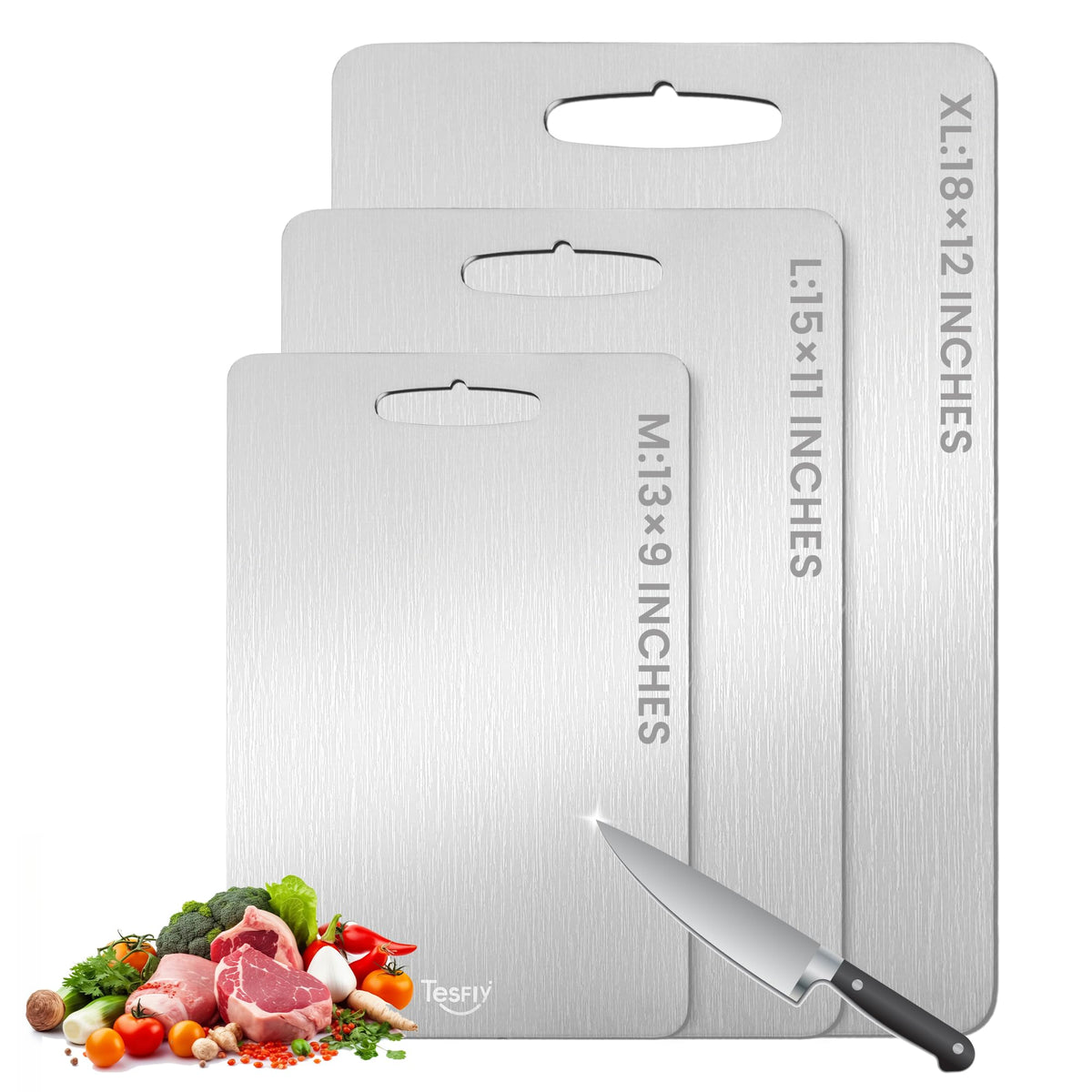 TESFLY Titanium Cutting Board main view shows a sturdy double-sided surface for meats and produce