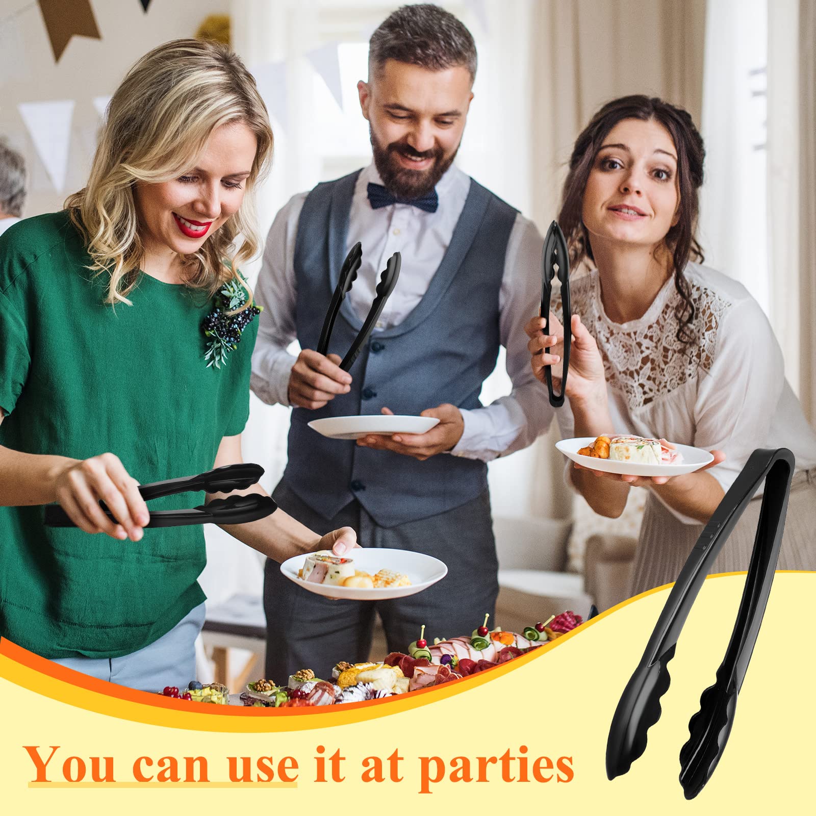 Tessco black plastic serving tongs blend with any table setup.