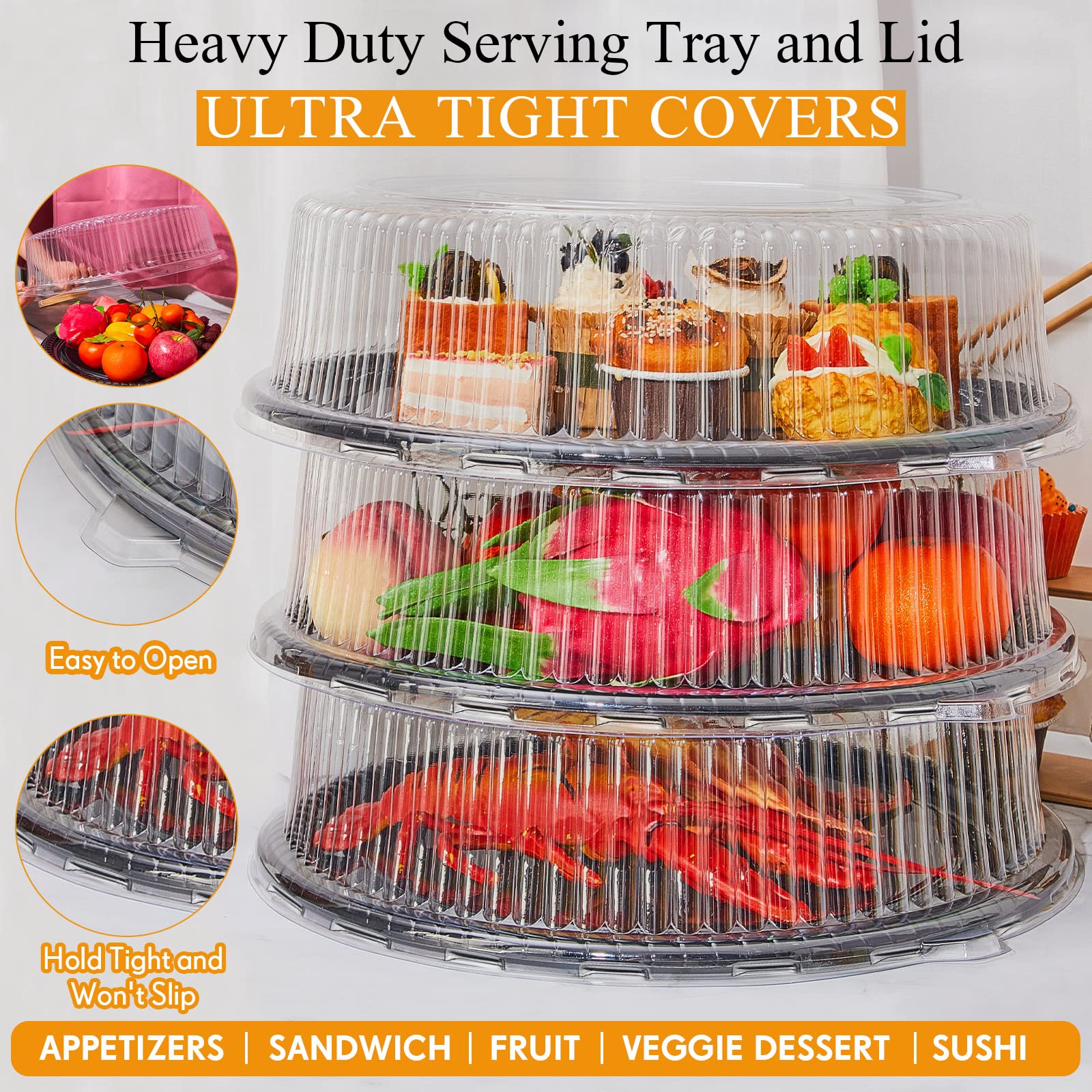 Tessco for you plastic serving tray with lid protects contents on the way to events.