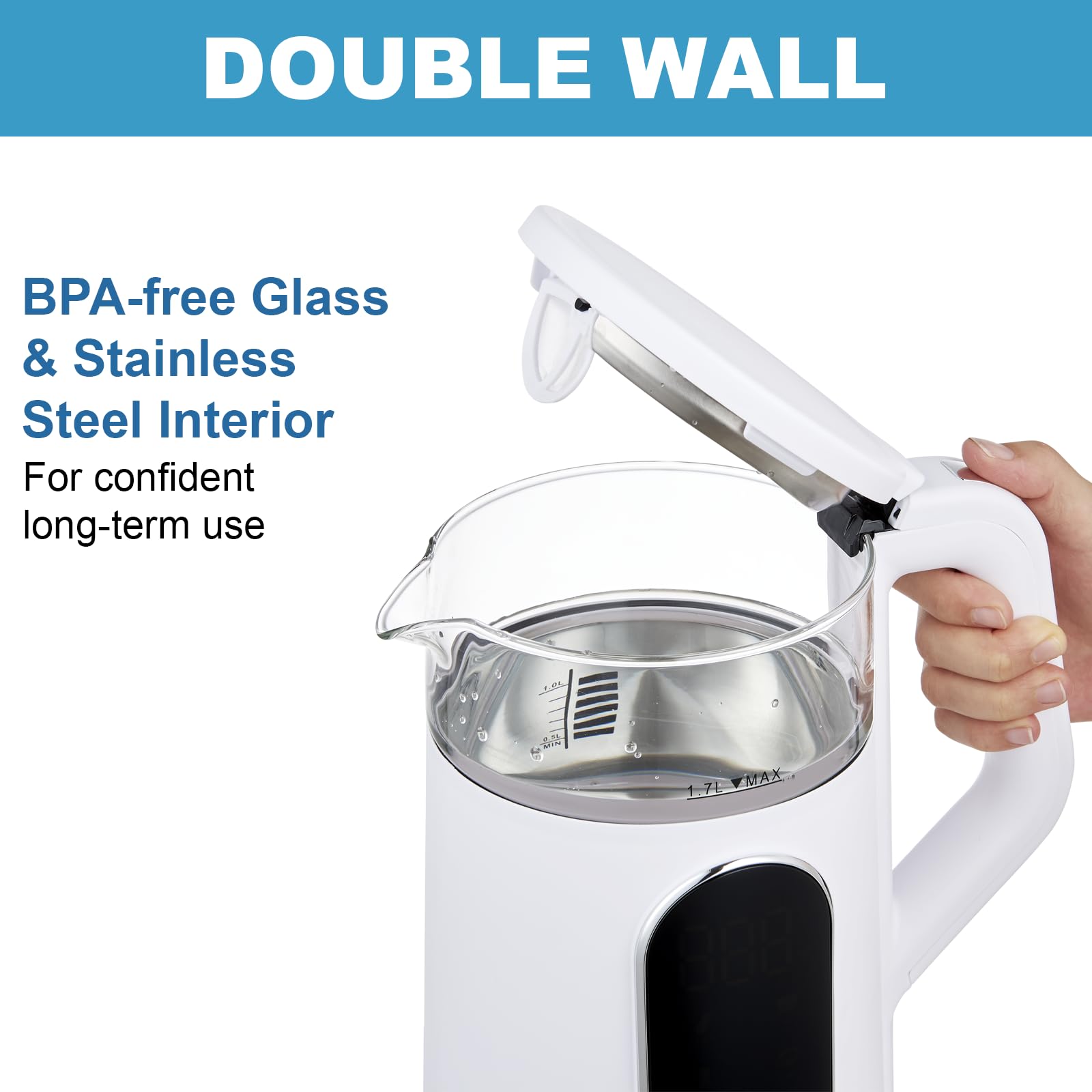 Tesslux electric kettle keep-warm function for up to two hours.
