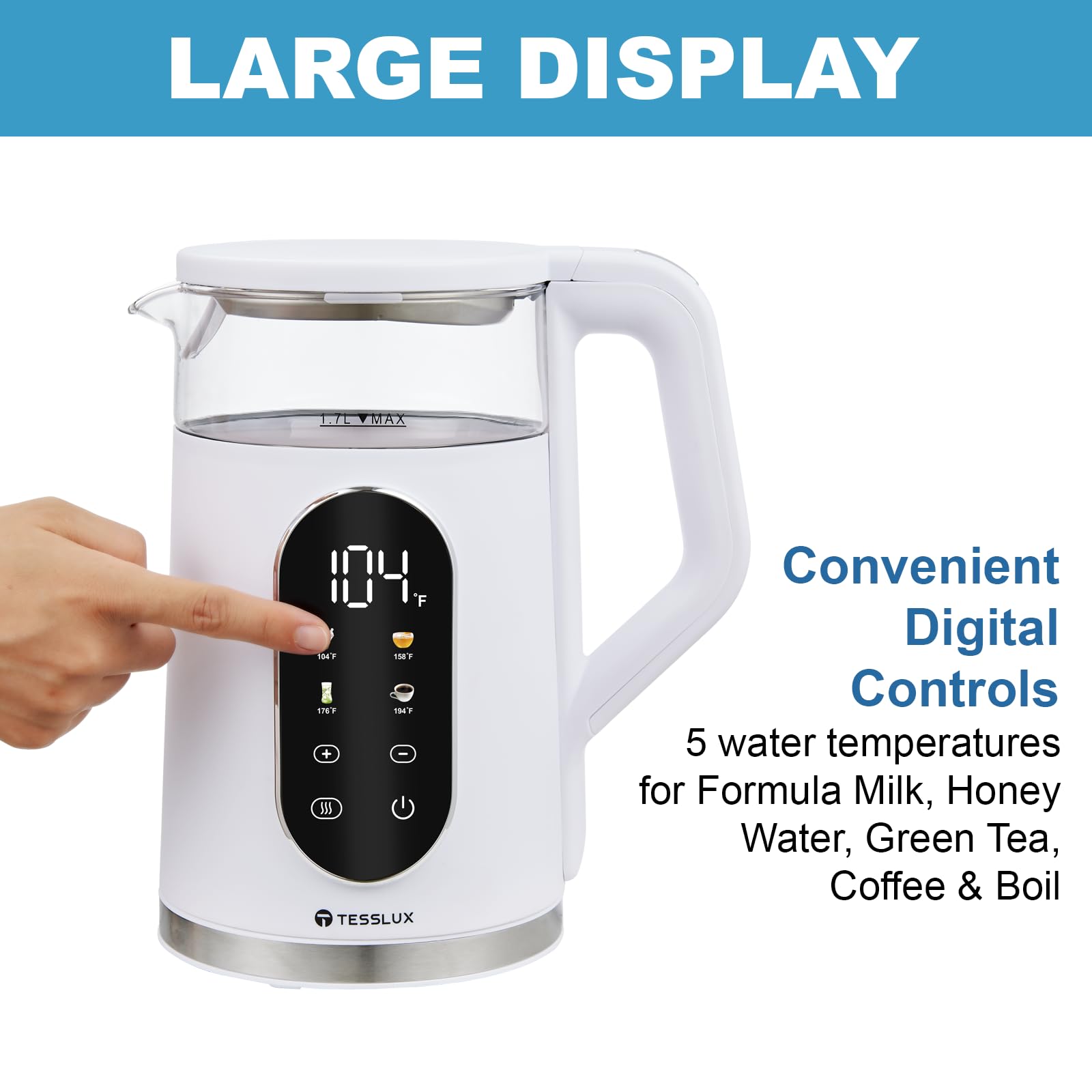 Tesslux electric kettle temperature control with four presets for precise brewing.