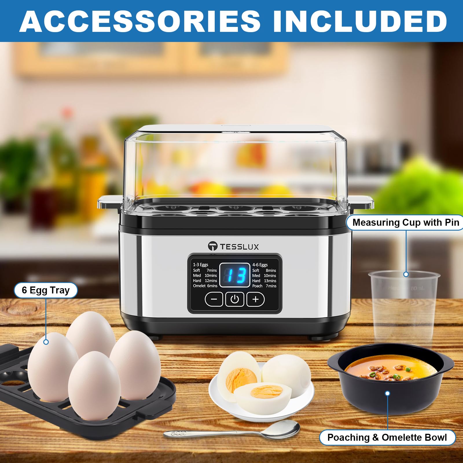 Tesslux egg cooker shows 6-egg capacity ideal for family meals