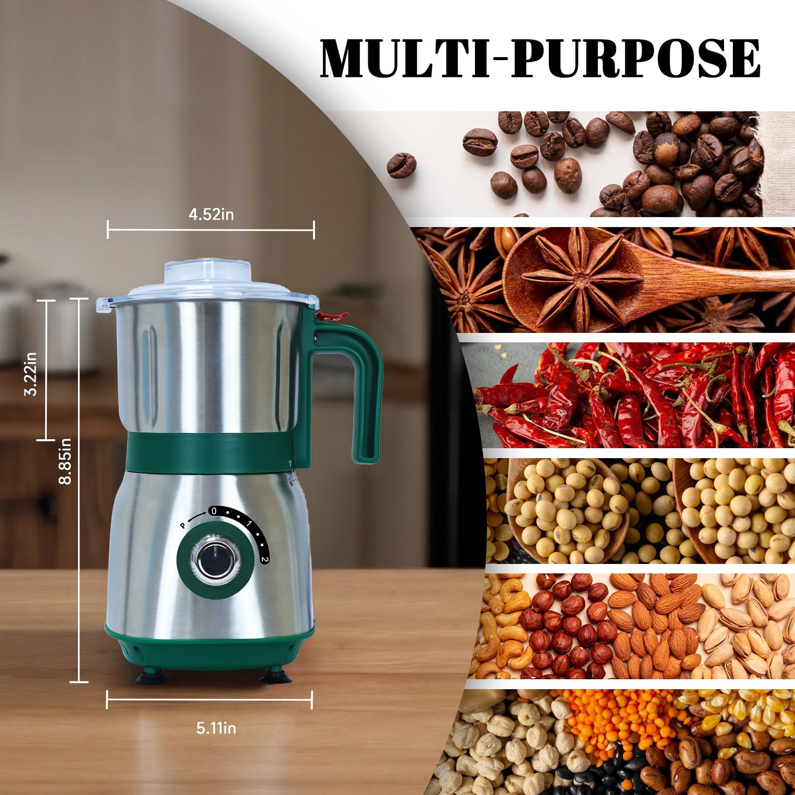 Tewpoy grinder handling grains and coffee beans for dry use.