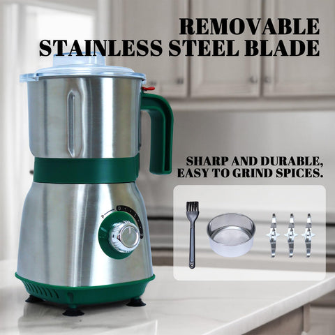 Tewpoy spice grinder with 3 blades close-up for precise grinding.