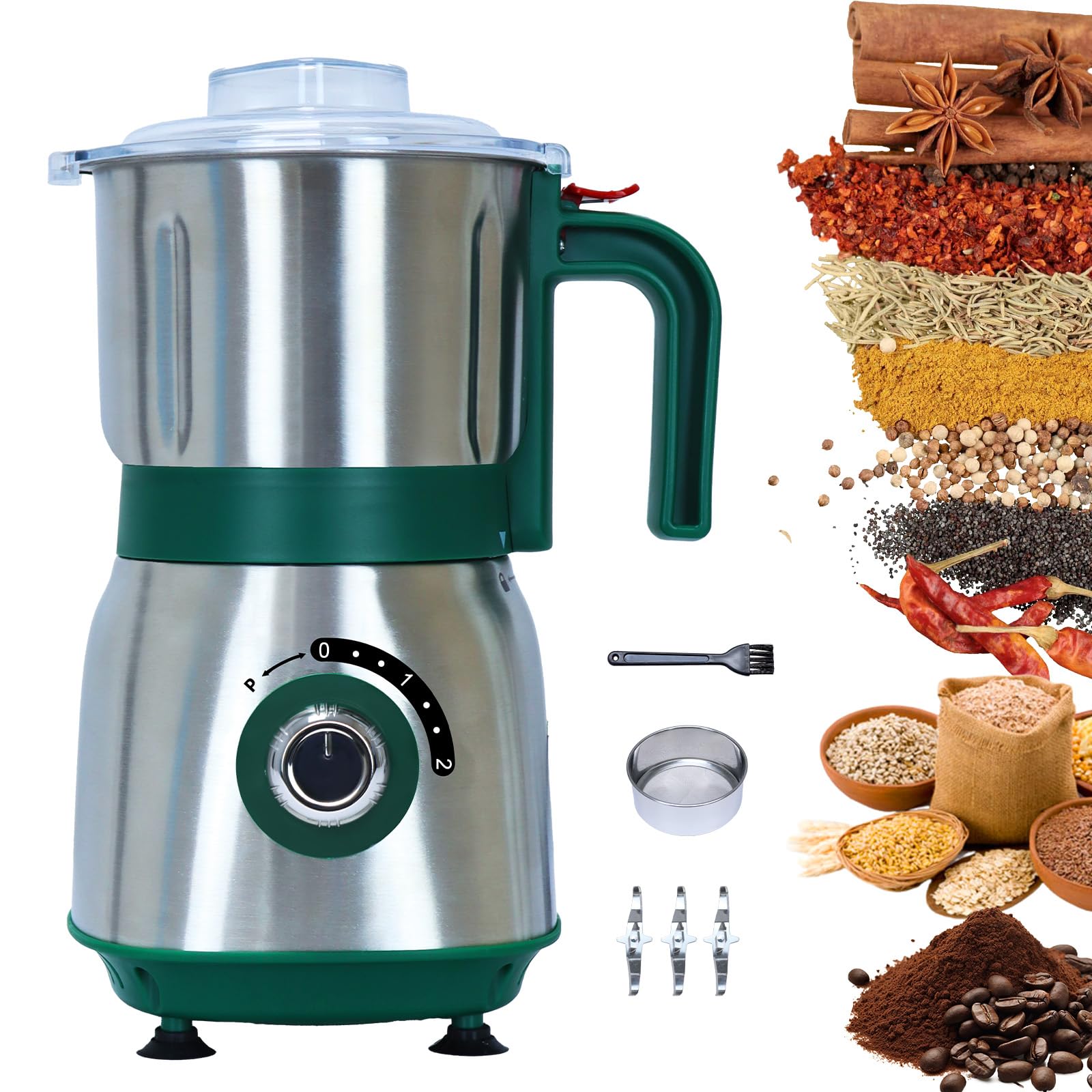Tewpoy versatile kitchen grinder in green, ready for fast spice processing.