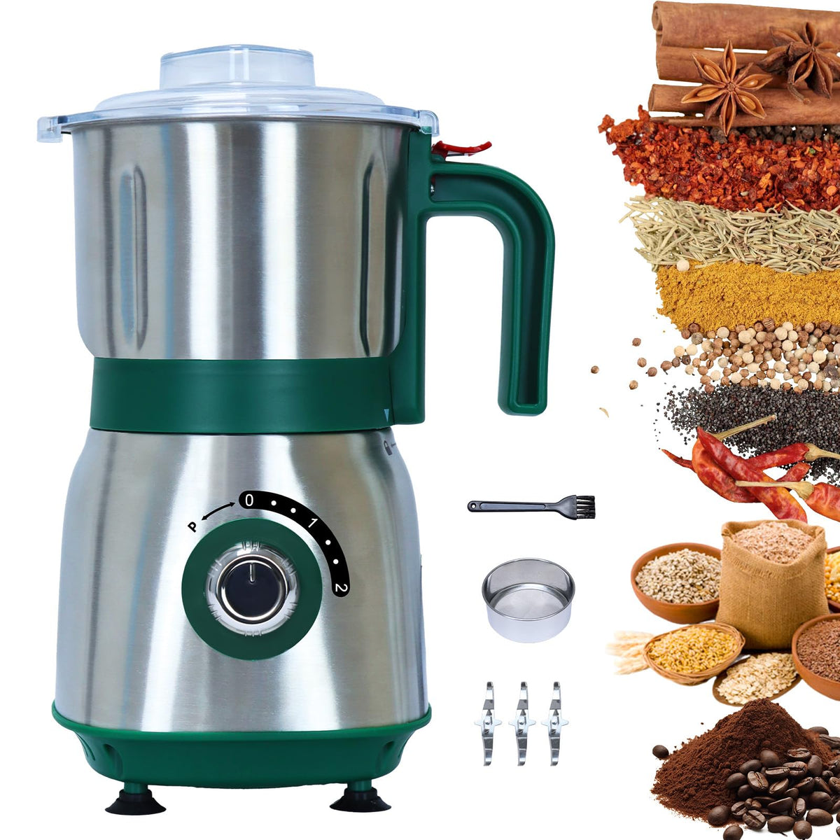 Tewpoy versatile kitchen grinder in green, ready for fast spice processing.