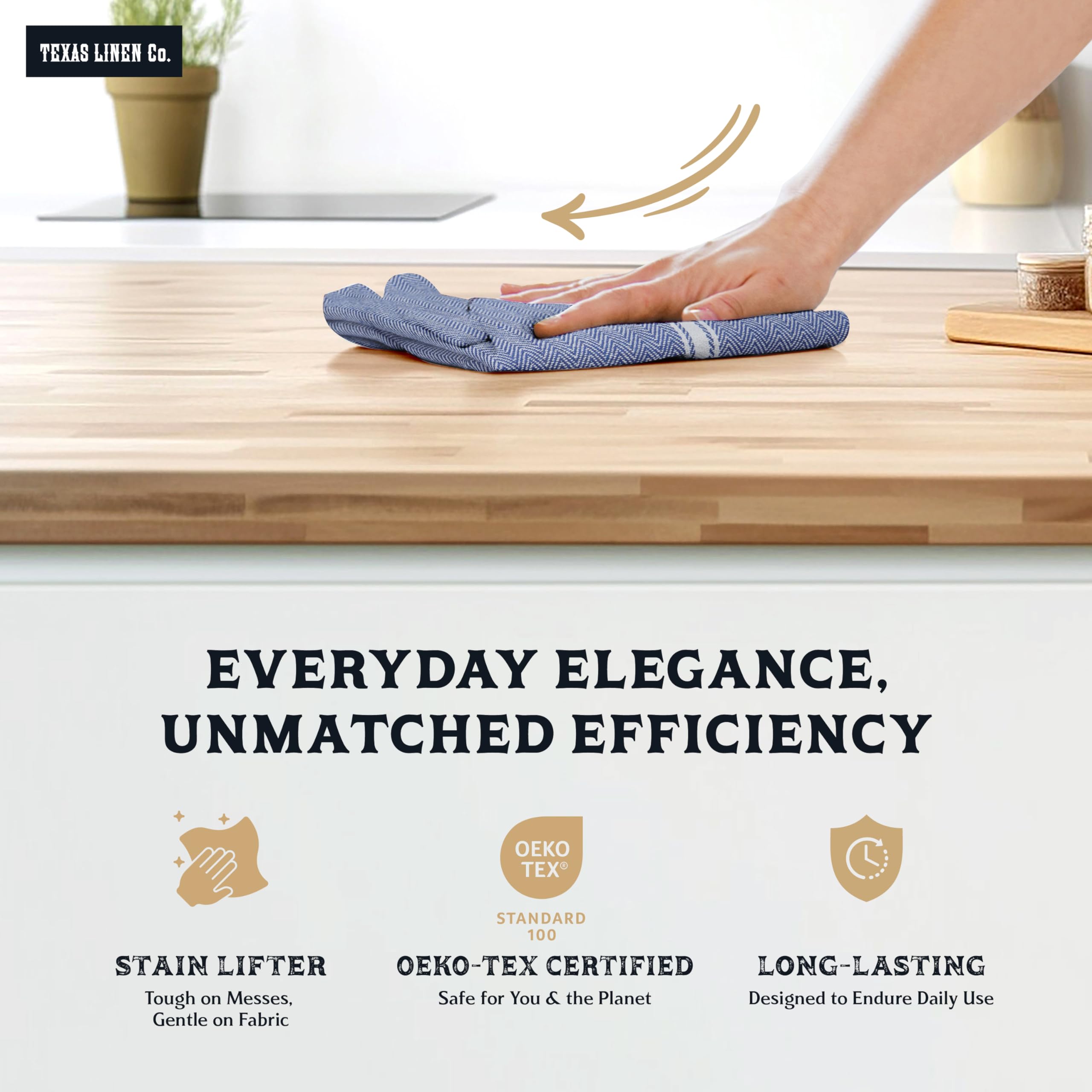 Texas Linen Co blue chambray towels absorb water quickly, demonstrating quick-dry capability.