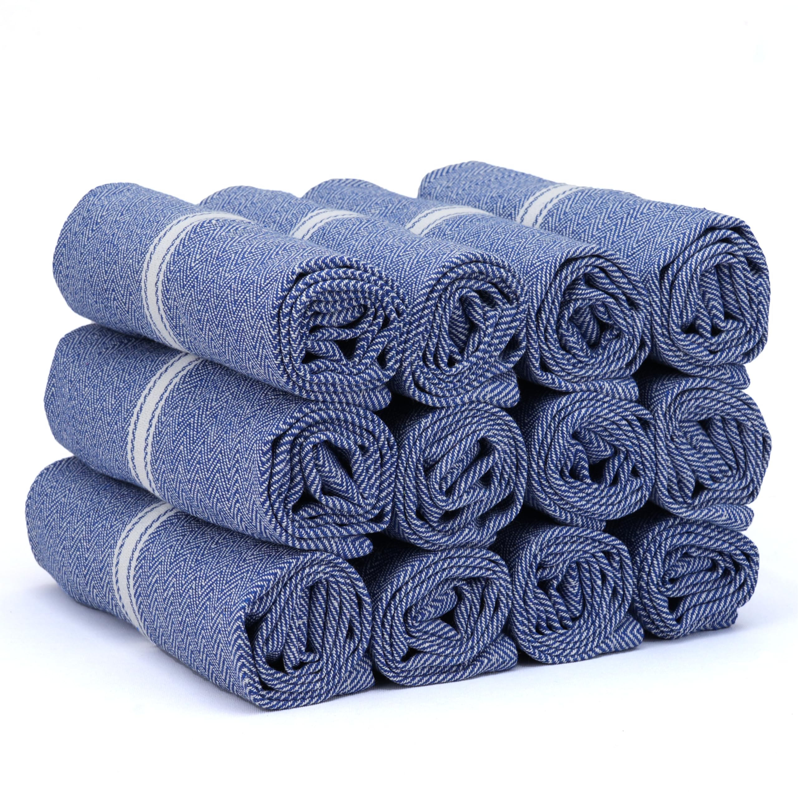 Texas Linen Co premium kitchen towels blue chambray folded, showing soft texture and absorbency.
