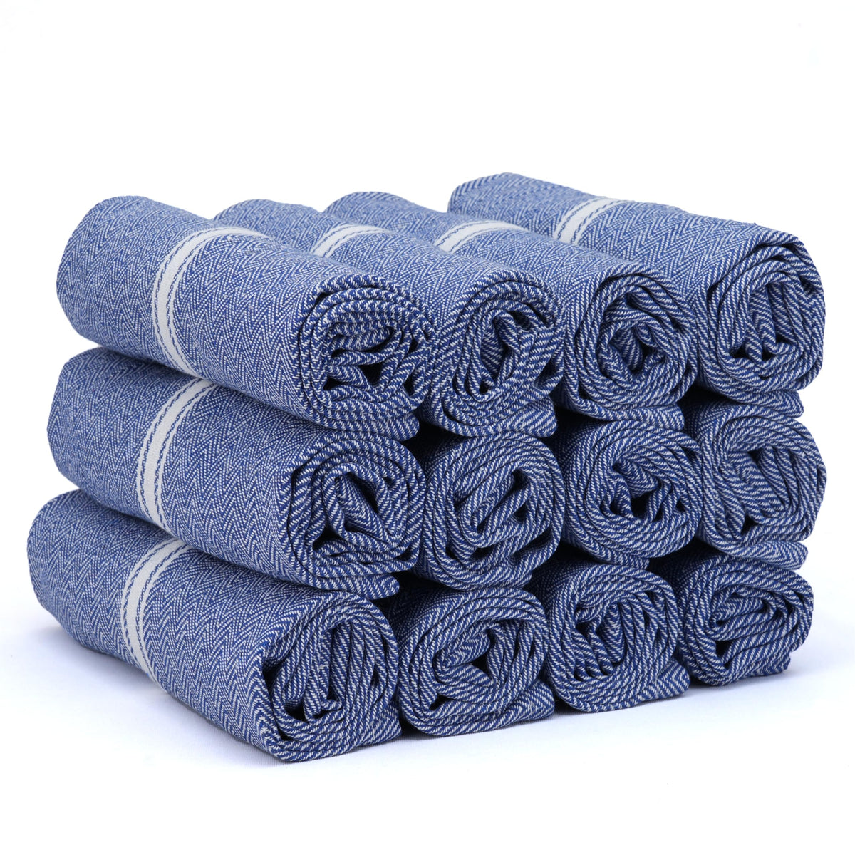Texas Linen Co premium kitchen towels blue chambray folded, showing soft texture and absorbency.