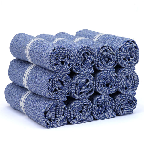 Texas Linen Co premium kitchen towels blue chambray folded, showing soft texture and absorbency.