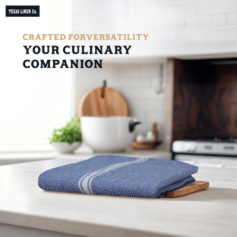 Texas Linen Co blue chambray towels with hanging loop for easy storage.