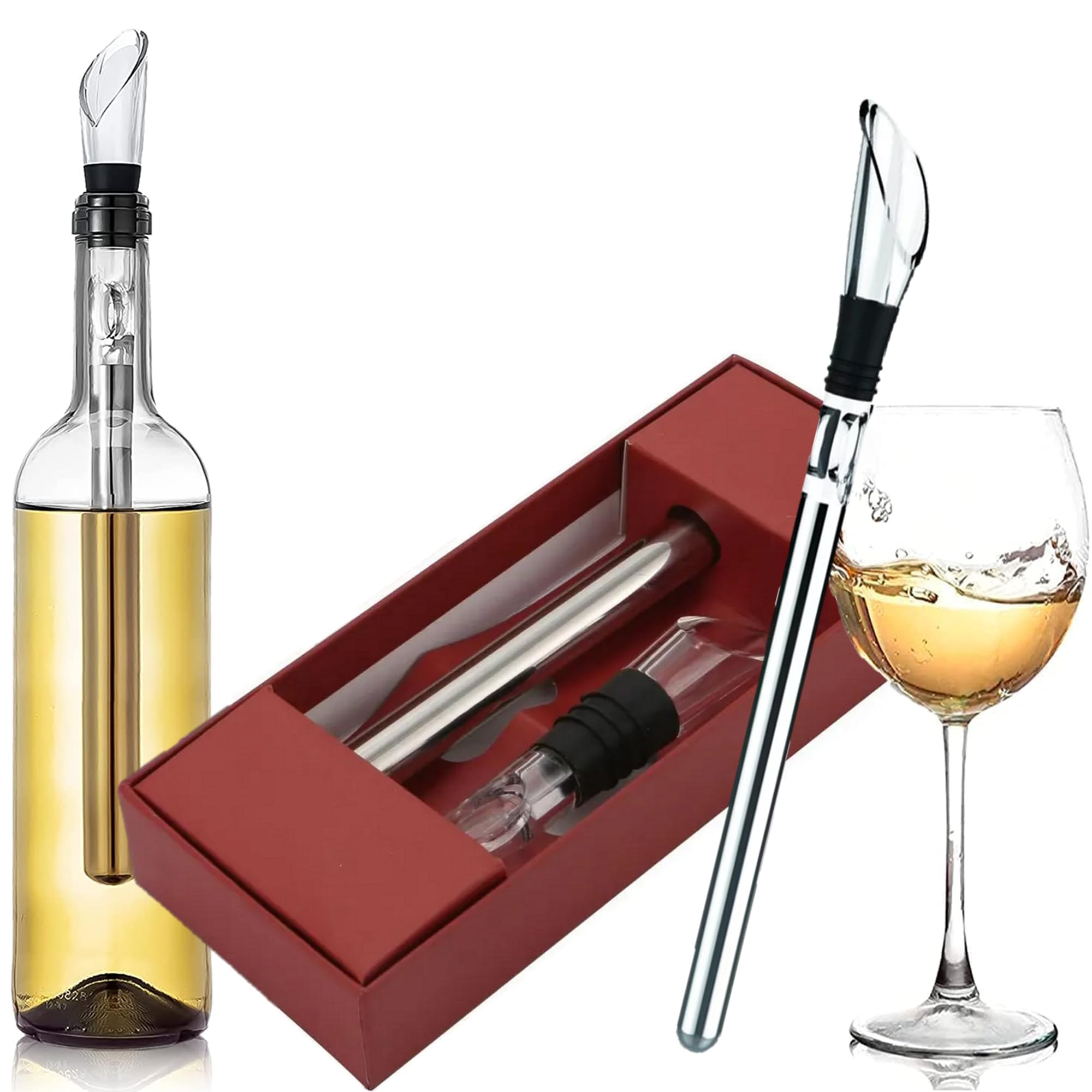 TexasDeluxe Wine Chiller Stick inside the bottle during pour demonstrates aerator integration
