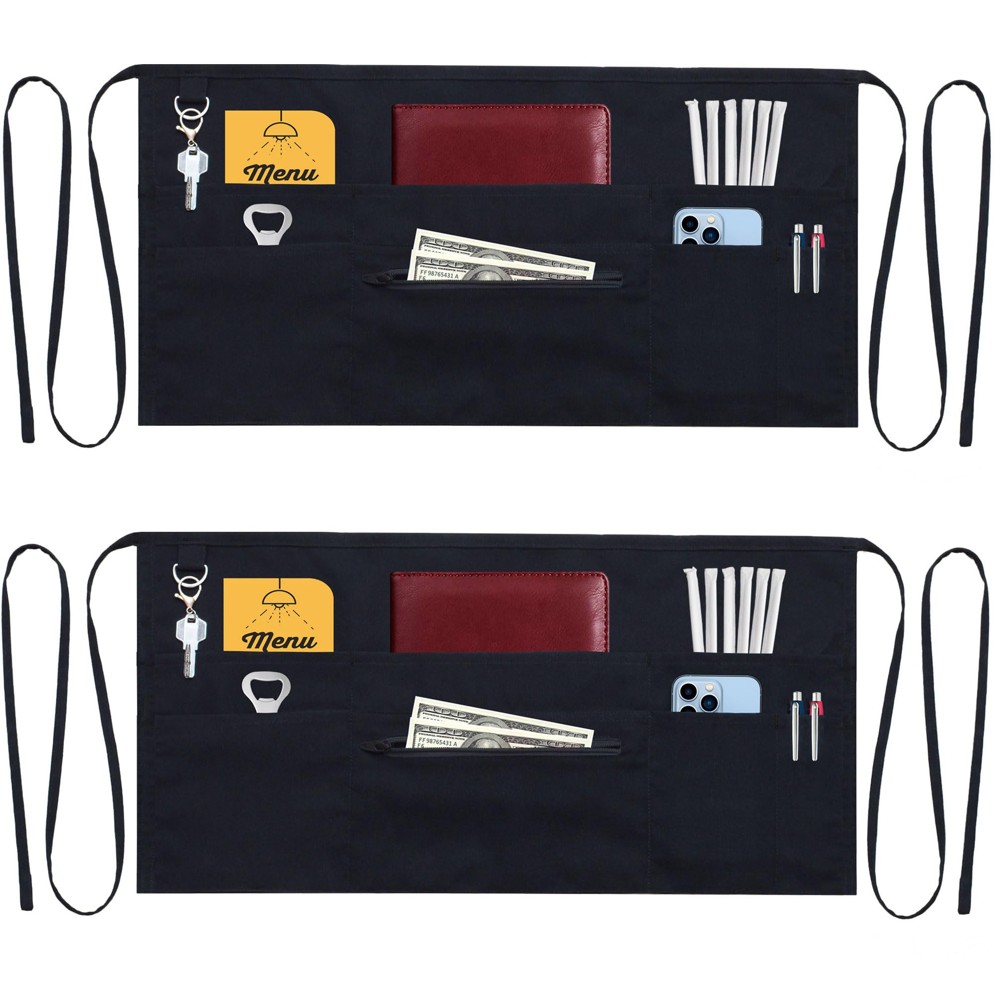 TEXVIDA 7-pocket server apron with zipper pocket keeps essentials organized.