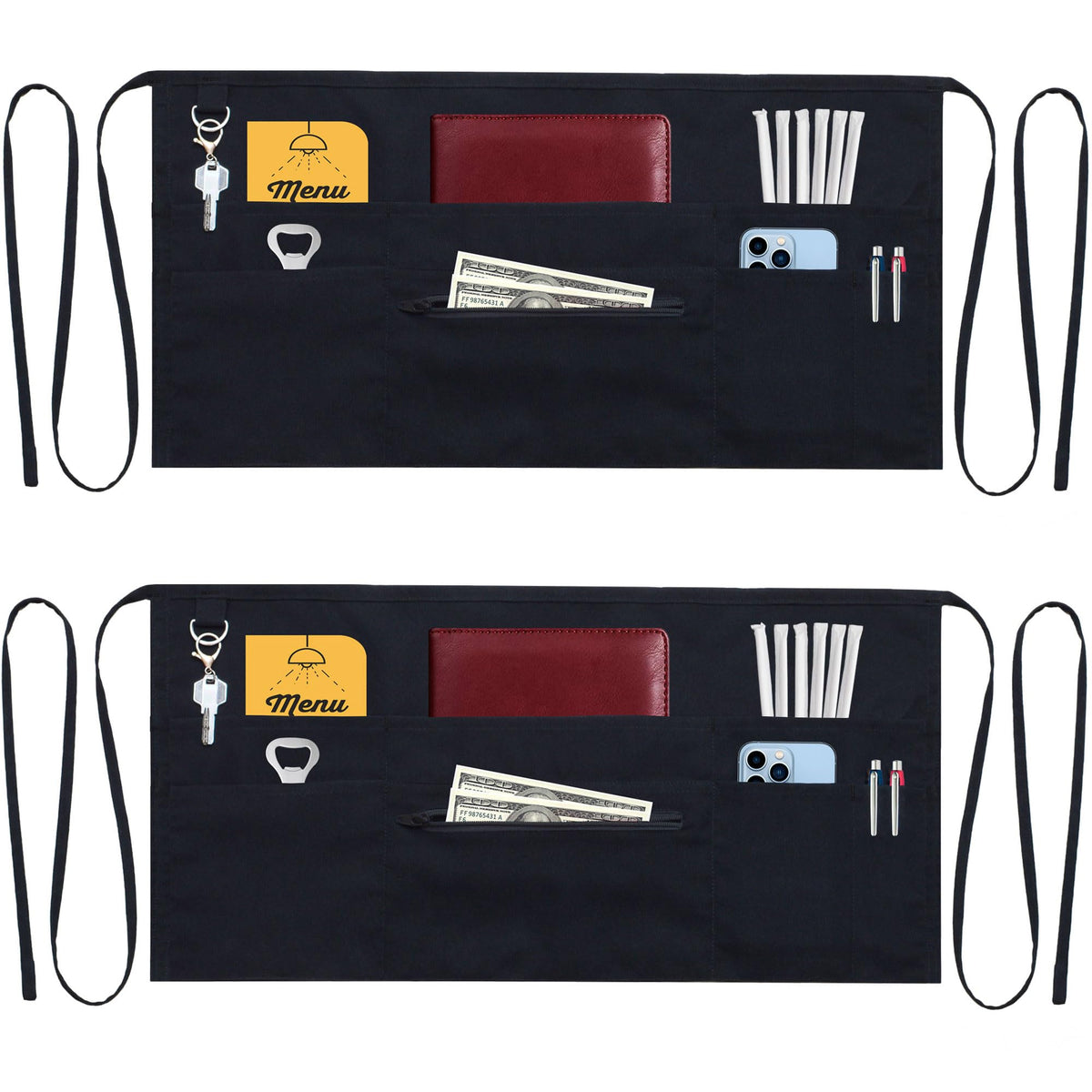TEXVIDA 7-pocket server apron with zipper pocket keeps essentials organized.