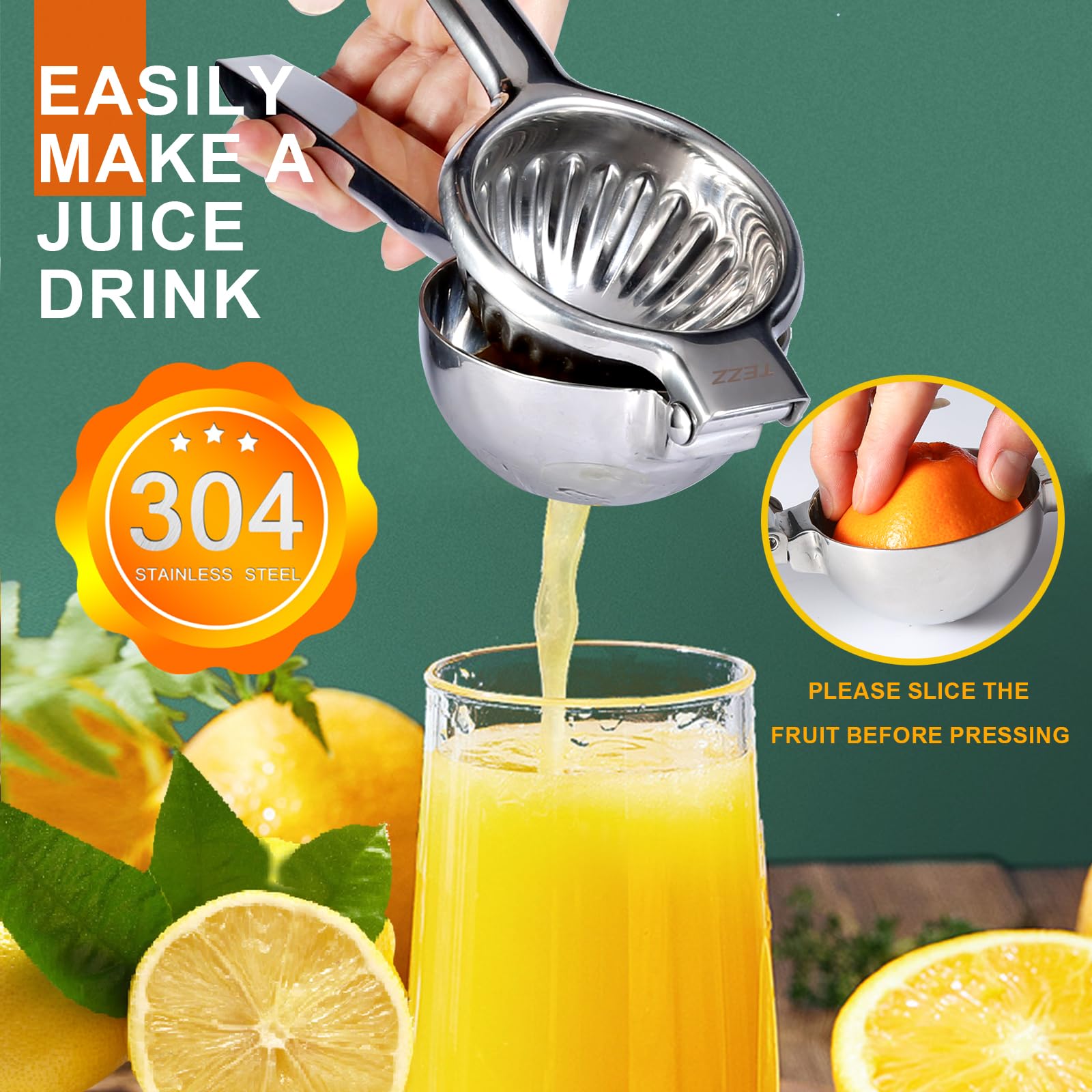 TEZZ stainless steel lemon press with long handle for comfortable, powerful squeezes