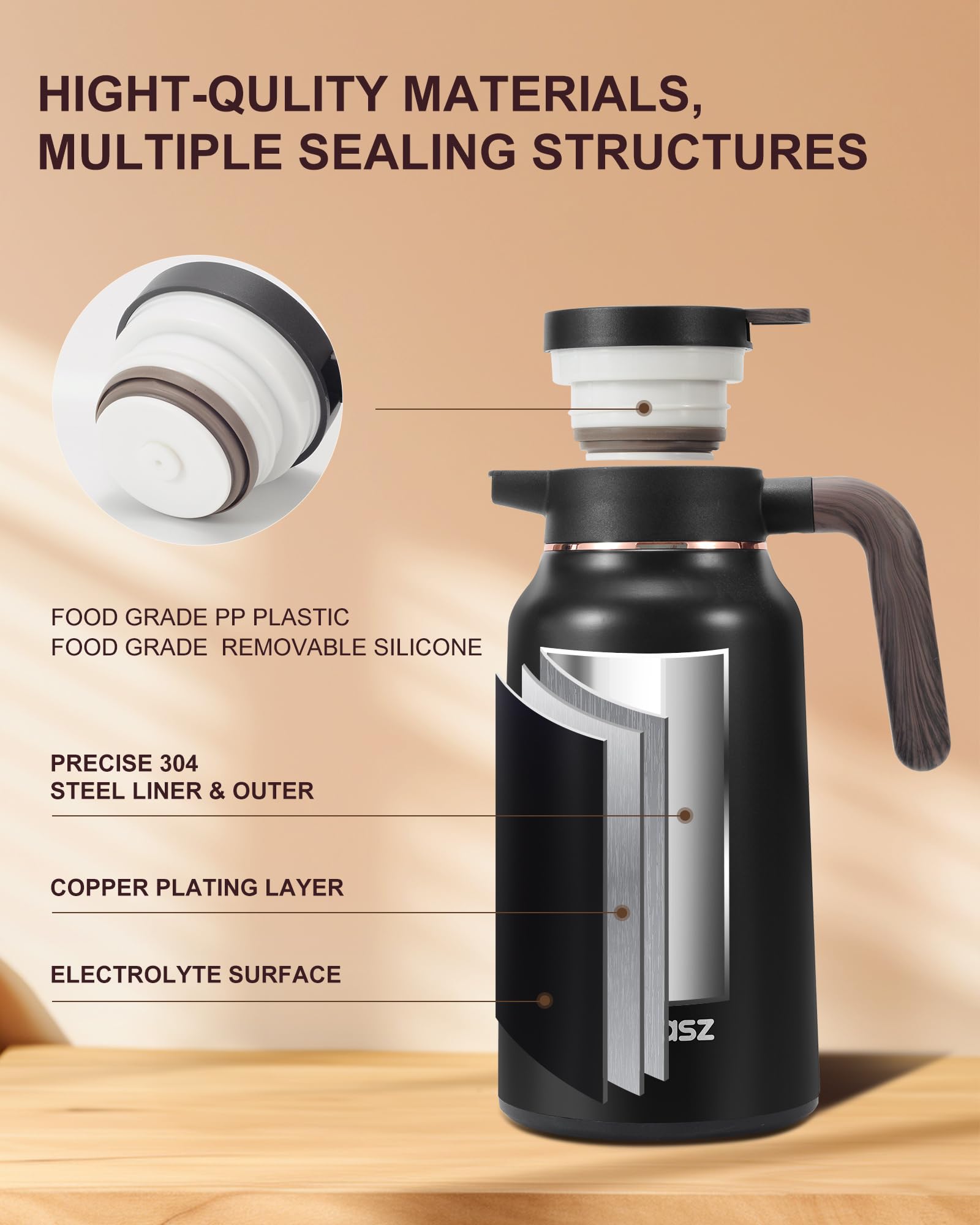 Tgvasz carafe exterior detail demonstrates cool-touch surface while hot contents remain inside.