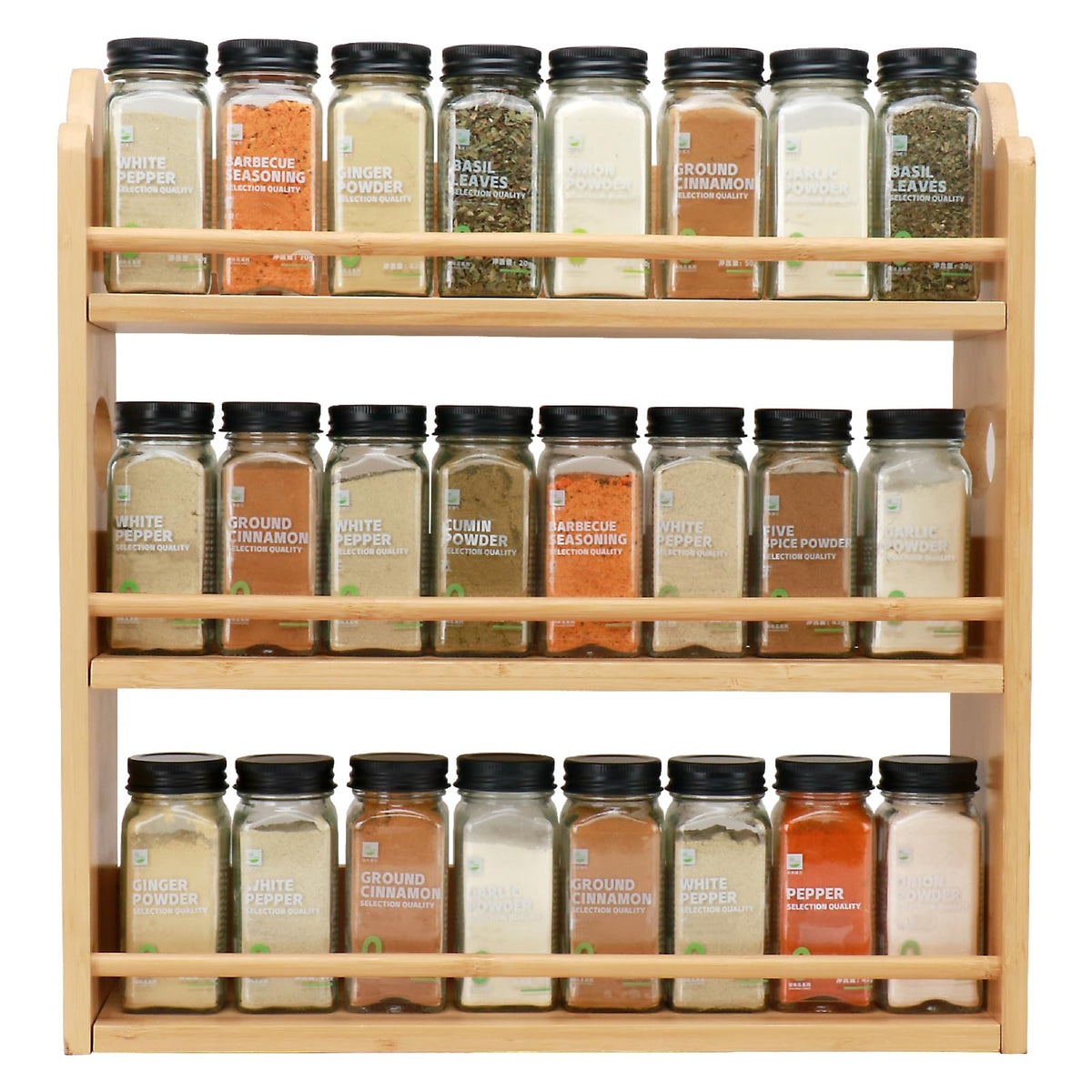 Thalomely 3-tier bamboo spice rack front view keeps jars neatly organized for easy access.