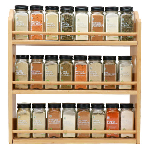 Thalomely 3-tier bamboo spice rack front view keeps jars neatly organized for easy access.