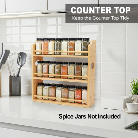 Thalomely wall-mounted spice rack demonstrates secure mounting to free counter space.