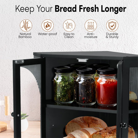 Transparent doors with water-wave texture add stylish kitchen display.