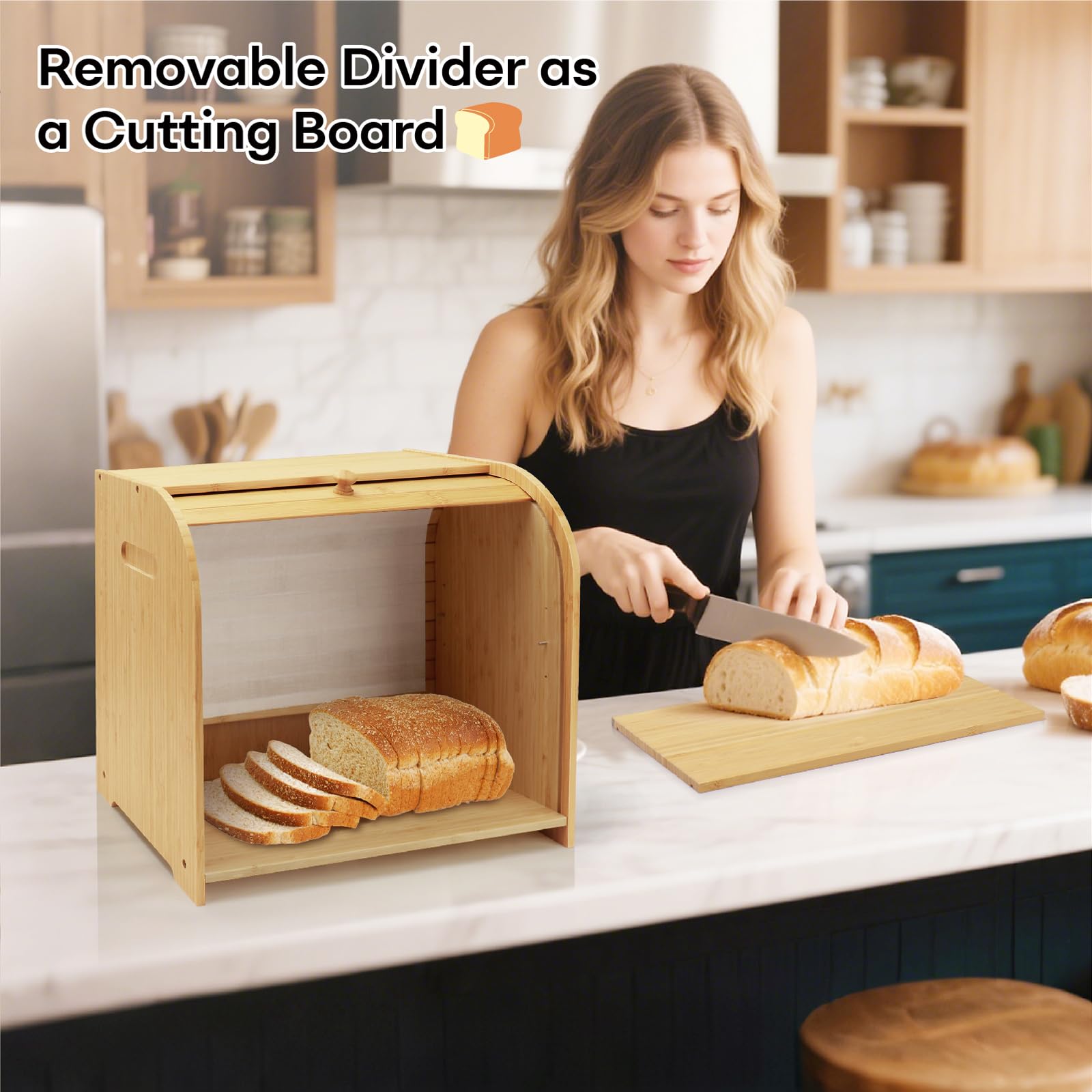 Thalomely kitchen counter top bamboo bread box in natural finish