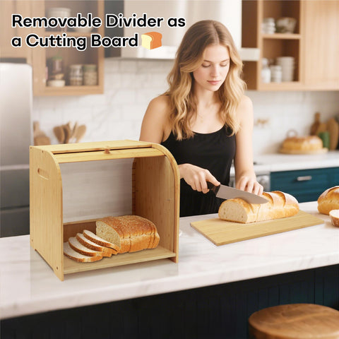 Thalomely kitchen counter top bamboo bread box in natural finish