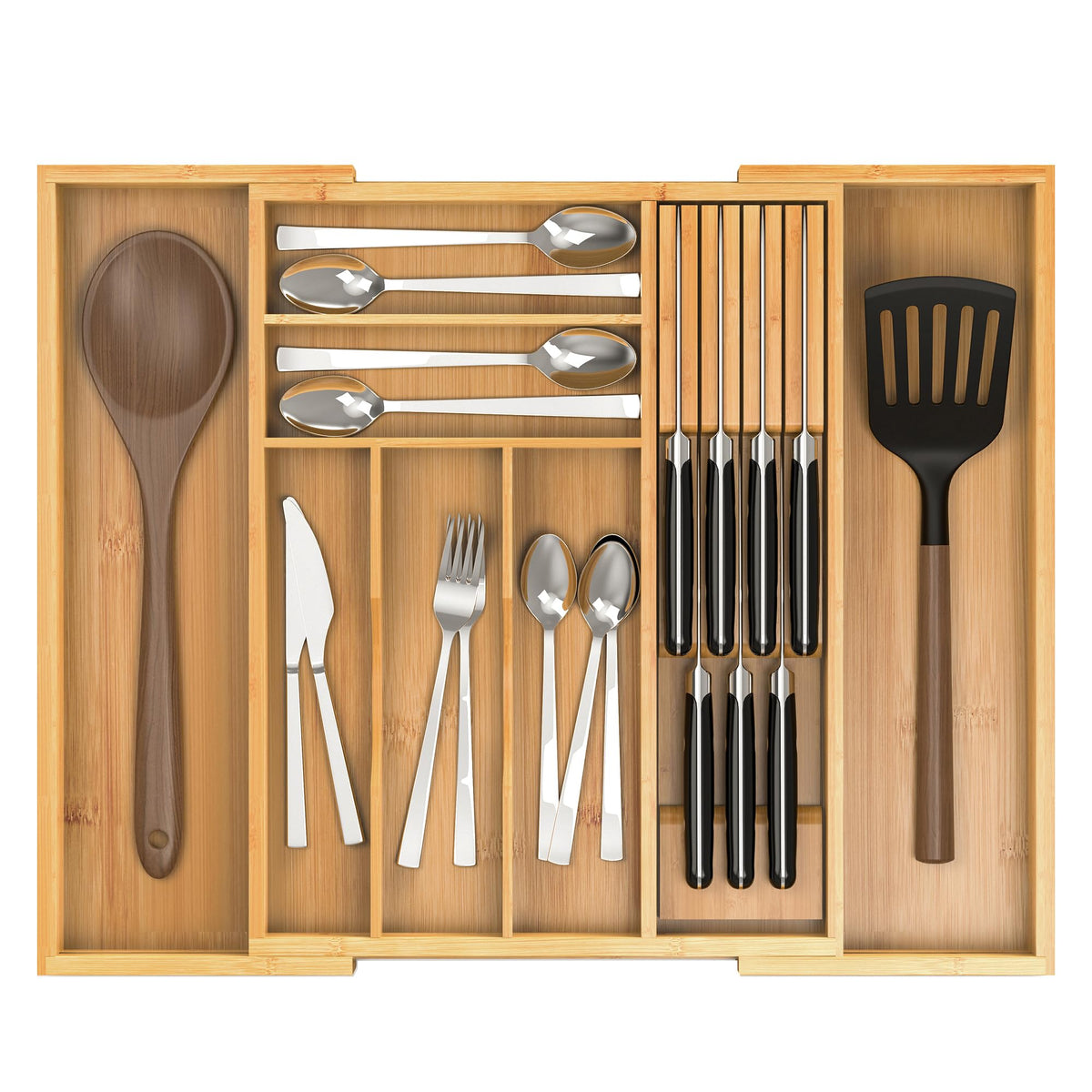 Thalomely bamboo drawer organizer extended to fit large drawers and maximize space.