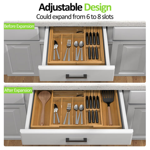 Thalomely eight-compartment silverware organizer helps keep forks, spoons, and knives orderly.