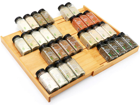 Thalomely bamboo spice drawer organizer inner view showing four tiers for easy spice access.