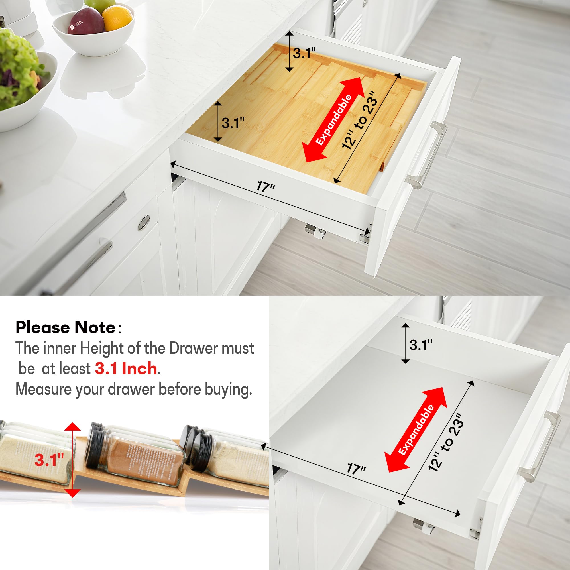Thalomely bamboo material highlights durable, moisture-resistant surface in kitchen storage.