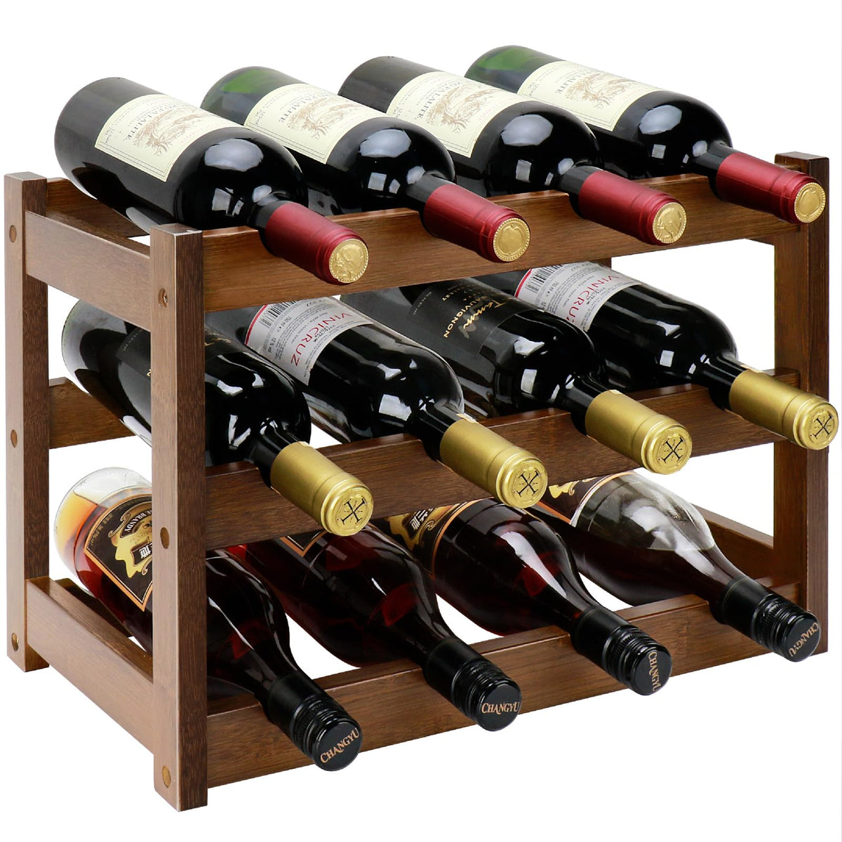 Thalomely 3-tier bamboo wine rack displaying a neat 12-bottle arrangement on walnut finish.
