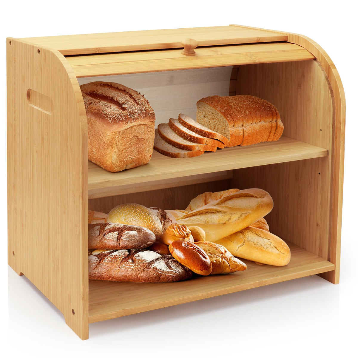 Thalomely bread box with roll-top lid keeps freshness and saves counter space