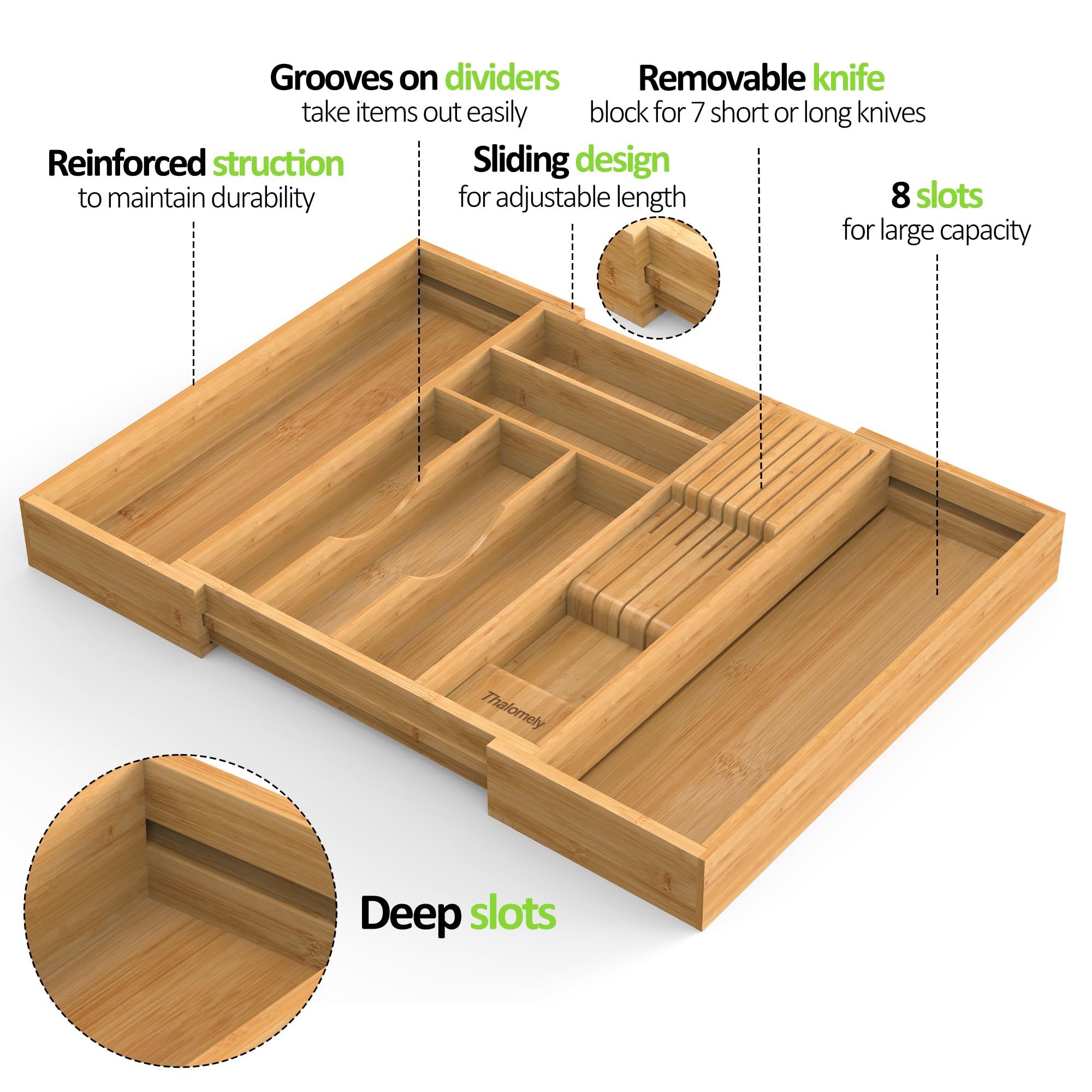 Keeps kitchen drawers tidy with clearly separated slots.