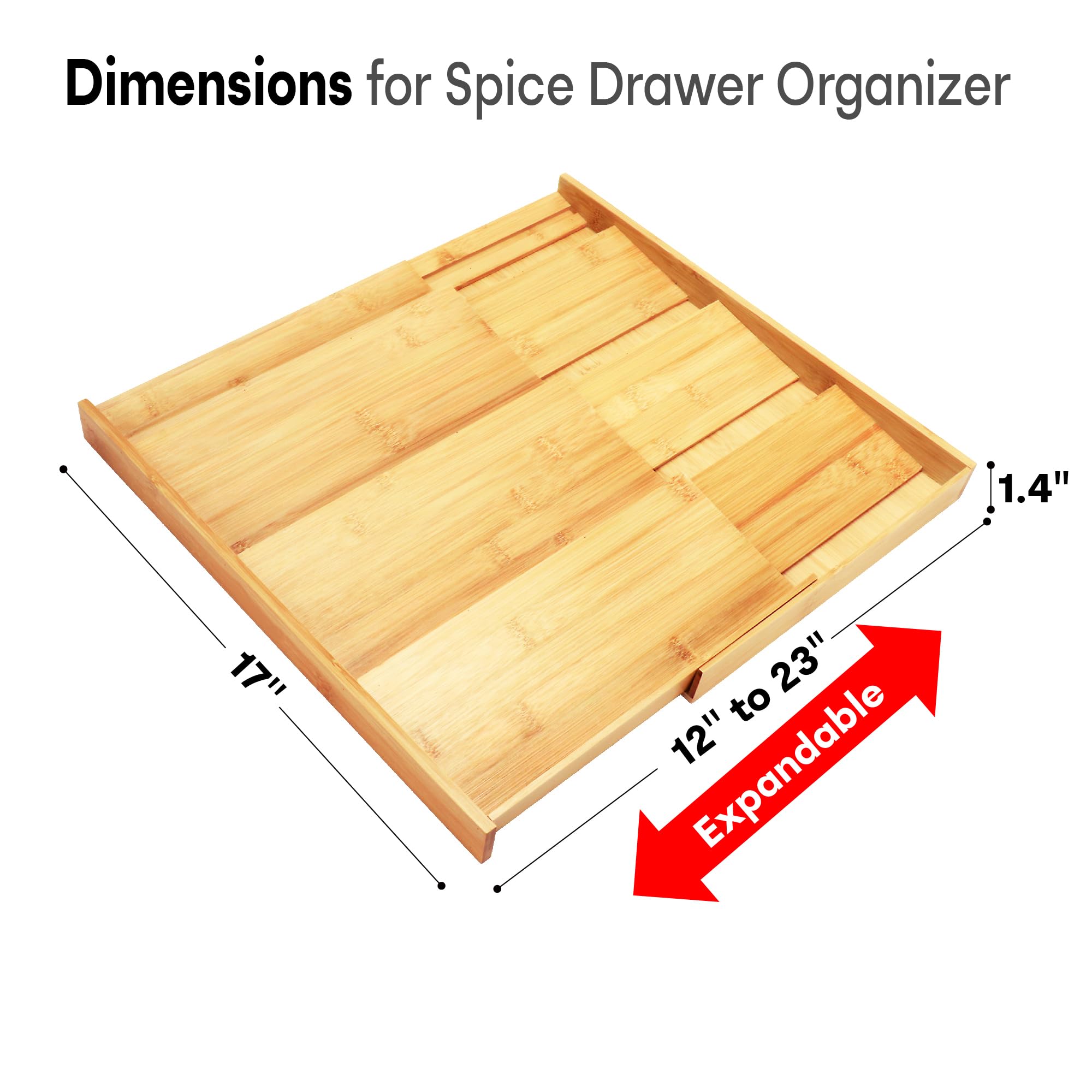 Thalomely expandable spice rack showing width adjustment to fit different drawers.