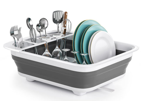 Thanstar collapsible dish drying rack in an RV kitchen, space-saving design.