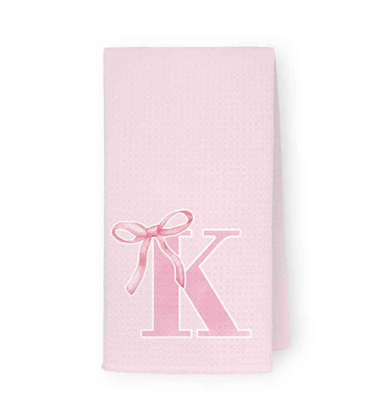 THDSE monogrammed initial K hand towels with pink bow in a bathroom setting