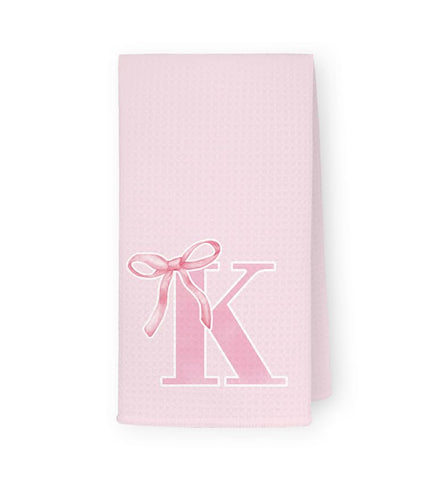 THDSE monogrammed initial K hand towels with pink bow in a bathroom setting