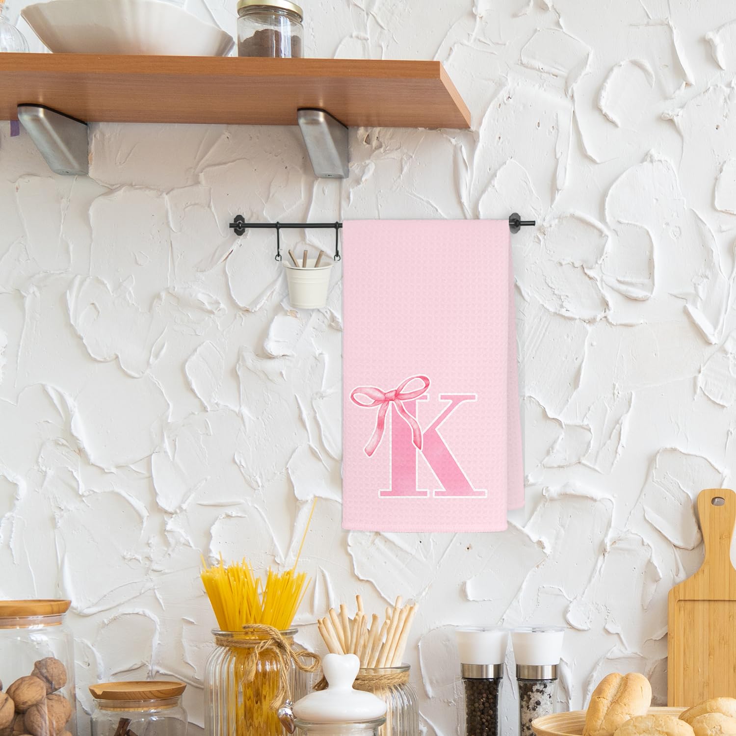 THDSE pink bows waffle towels used as kitchen towels