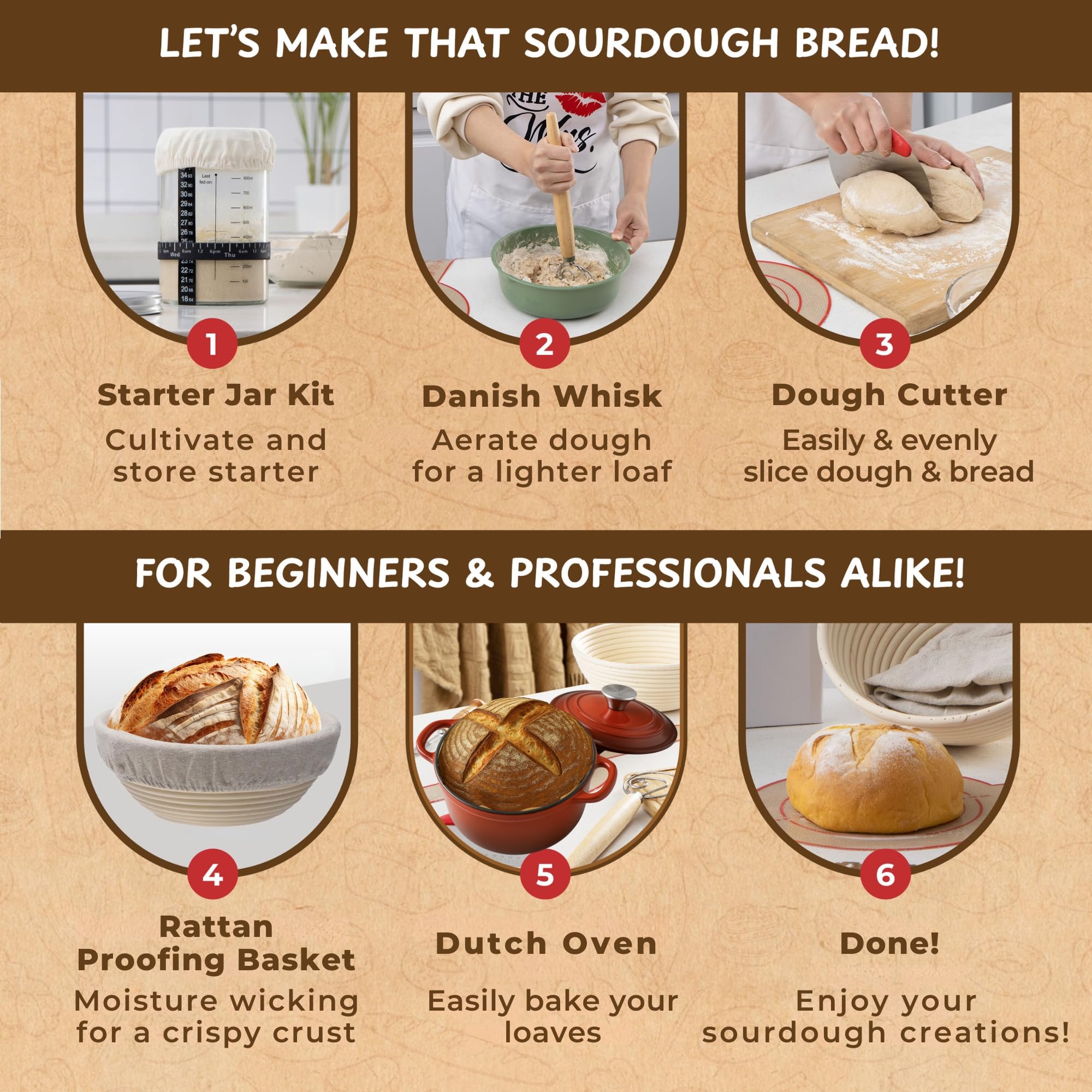 The included recipe book inspires step-by-step guides and tasty sourdough variations.
